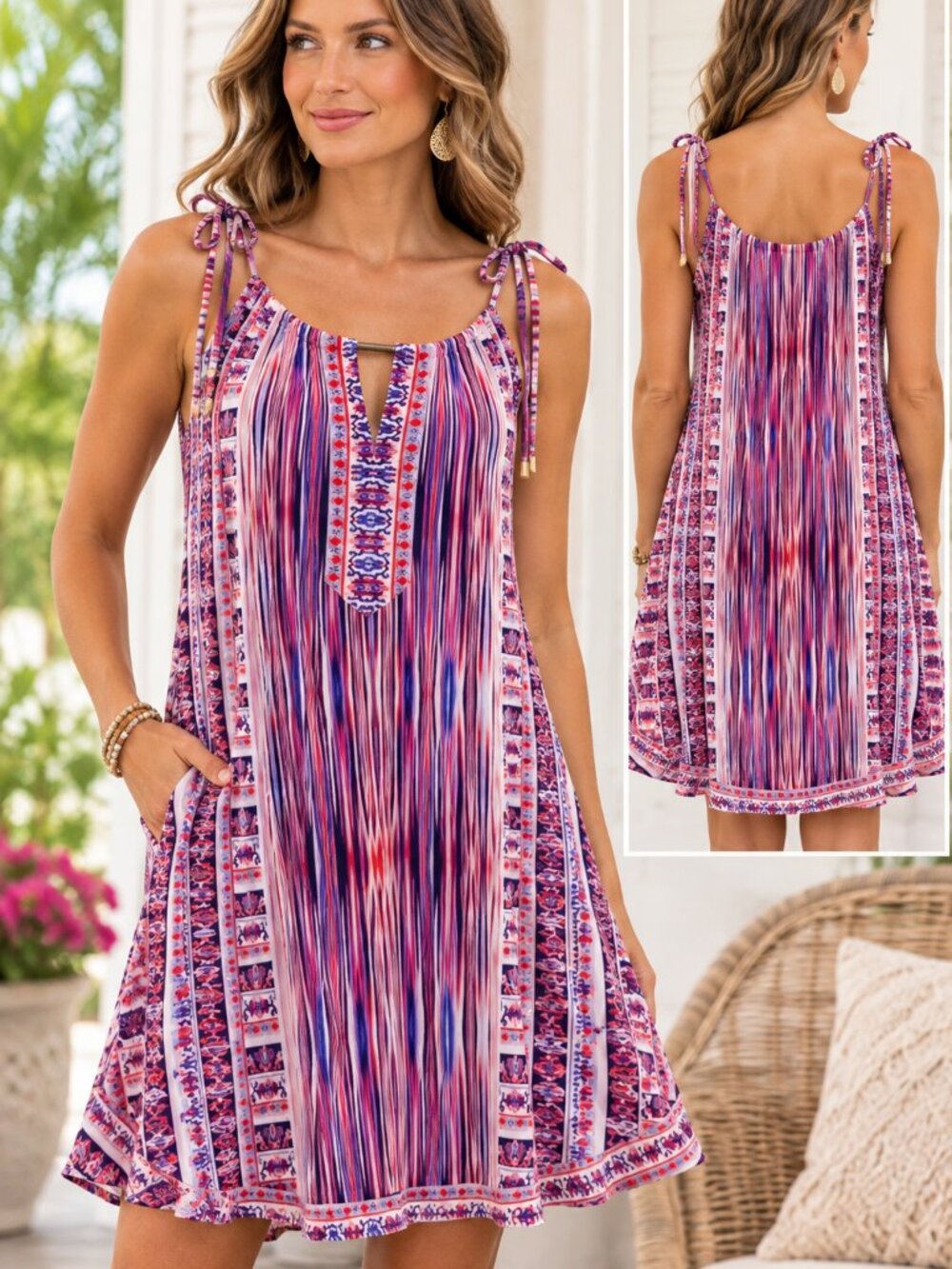 Hale Bob Multicolor Boho Tie Shoulder Dress | Size L